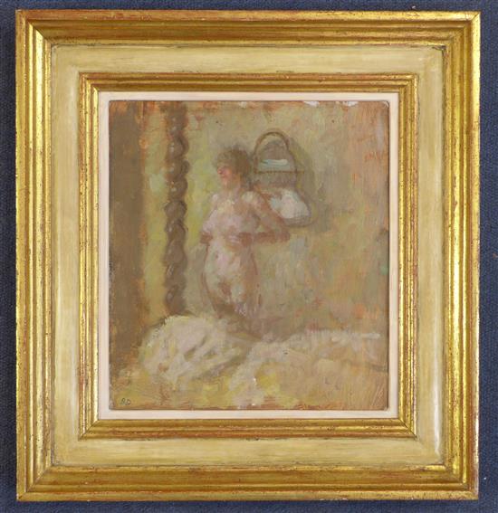 § Bernard Dunstan R.A (1920-) Four Poster and Mirror, 10.5 x 9.5in.